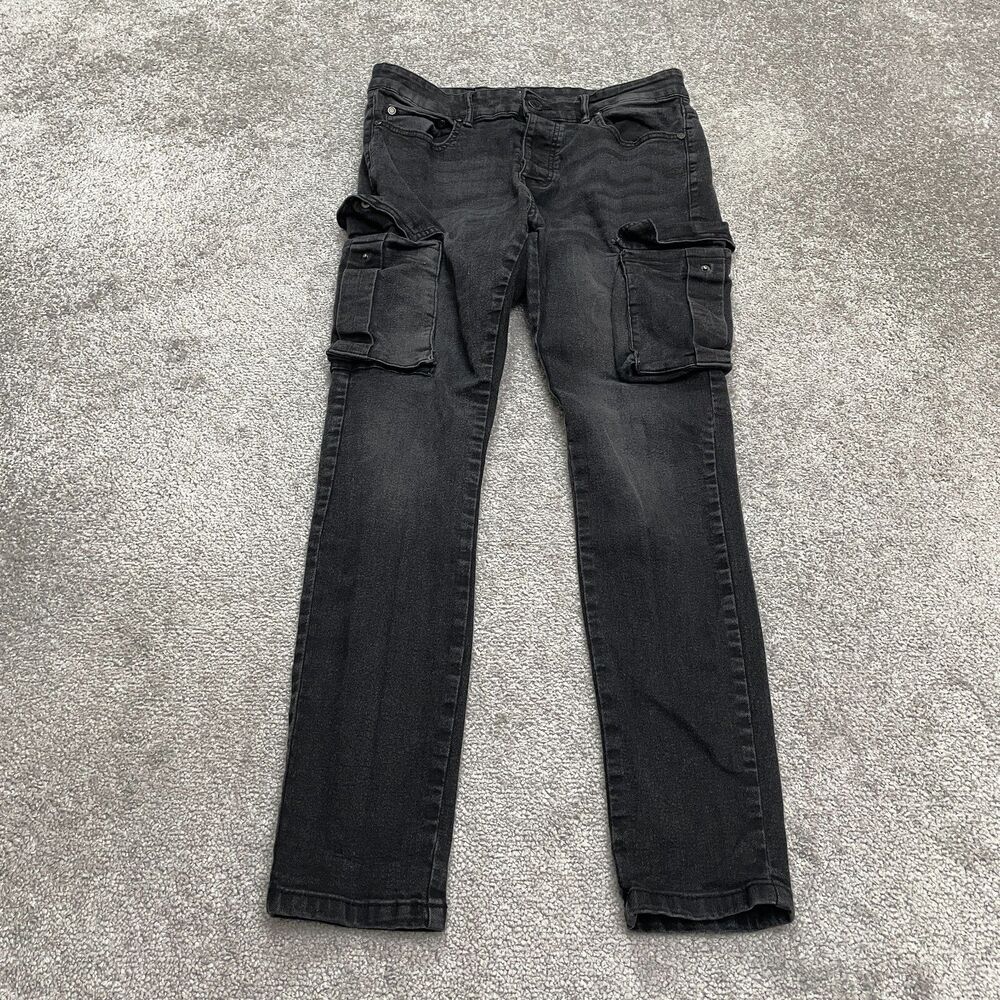 Boohoo Man Skinny Cargo Slim Denim Jeans Mens 34 Black Dark Wash Casual 32x29